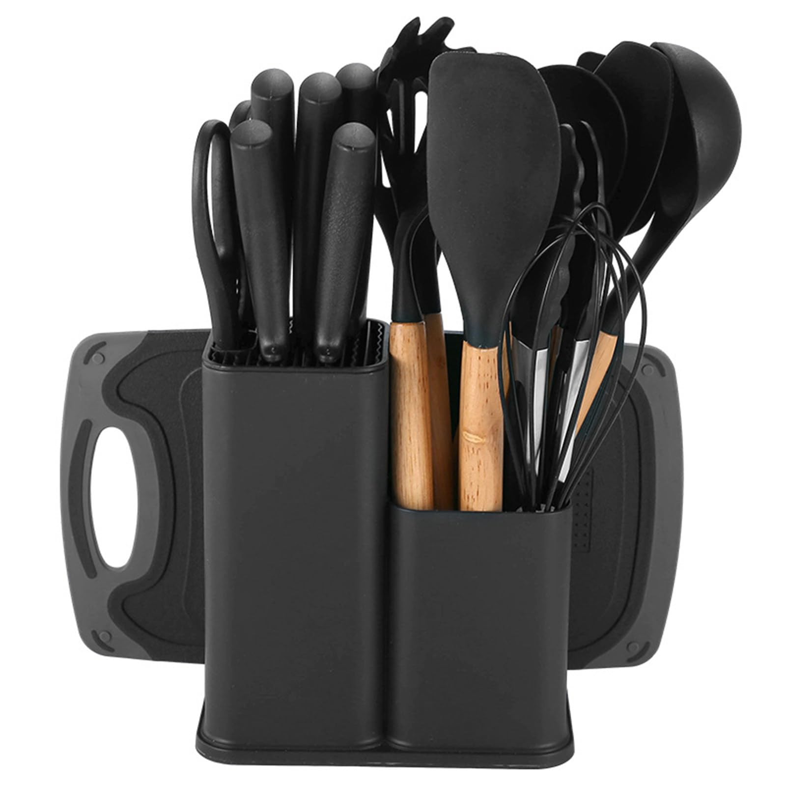 Juego De 19 Utensilios De Cocina De Silicona con Cuchillos De Acero Inoxidable Y Soporte De Almacenamiento; Kit De Herramientas De Cocina Antiadherentes con Mangos De Madera Black