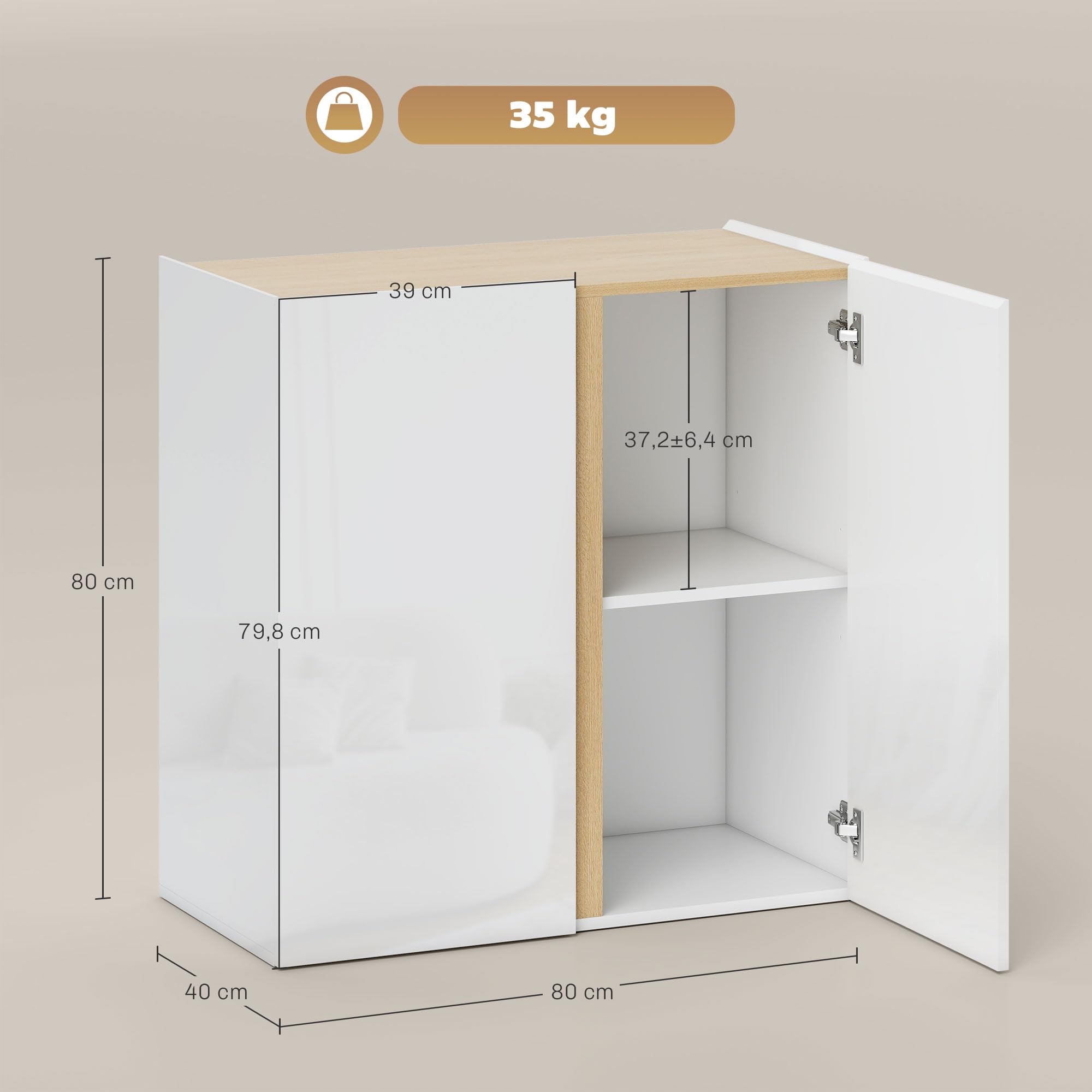 HOMCOM Sideboard Küchenschrank für Küche 80 x 40 x 80 cm Hochglanzweiß | 2 Soft-Close-Türen, Verstellbarer Einlegeboden, Moderner Aufbewahrungsschrank, Wohnzimmer