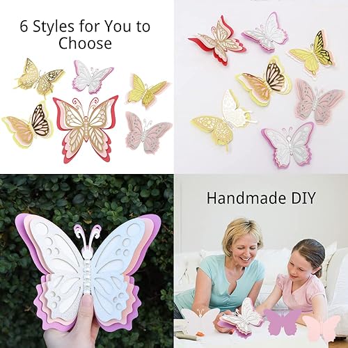Miniatura 3 de Calcomanías grandes de pared de mariposa 3D 6 calcomanías de mural de mariposa perla diseño hueco 4 capas decoración de pared de mariposa para