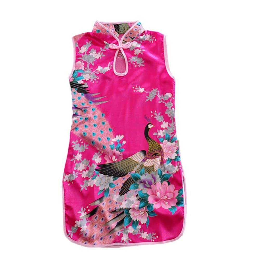 Famzon Girls Bright Pink Asian Chinese Pakistani Dress 1-13 Years Peacok Silk Cheongam Dance Dress Party Dress (As8, Age, 4_Years, 5_Years, Plus, )