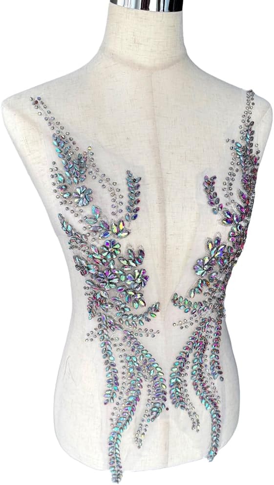 Beaded Rhinestones Applique for Prom Dresses,Large Bcodice Applique,Sparkling Bridal Gown Embellishment (AB Color)
