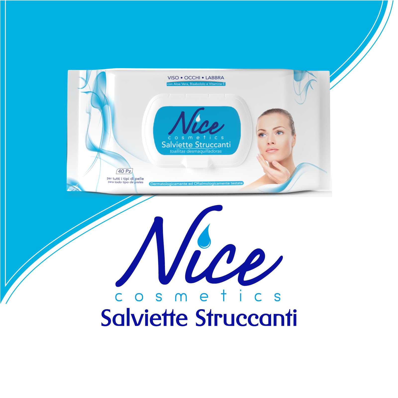 Nice Salviette Struccanti per Viso, Occhi e Labbra, con Aloe Vera, Bisabololo e Vitamina E, Dermatologicamente e Oftalmologicamente Testate, Confezione da 40 Salviette