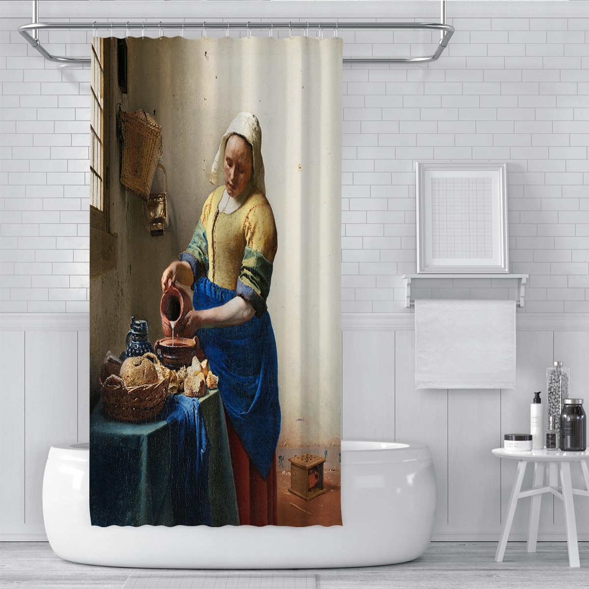 Klassisches barockes Küchenleben Ölgemälde Duschvorhang Das Milchmädchen-Muster Badewannenvorhang Berühmtes Meisterwerk Badezimmerdekoration mit Wasserdichten Haken 180 x 220 cm