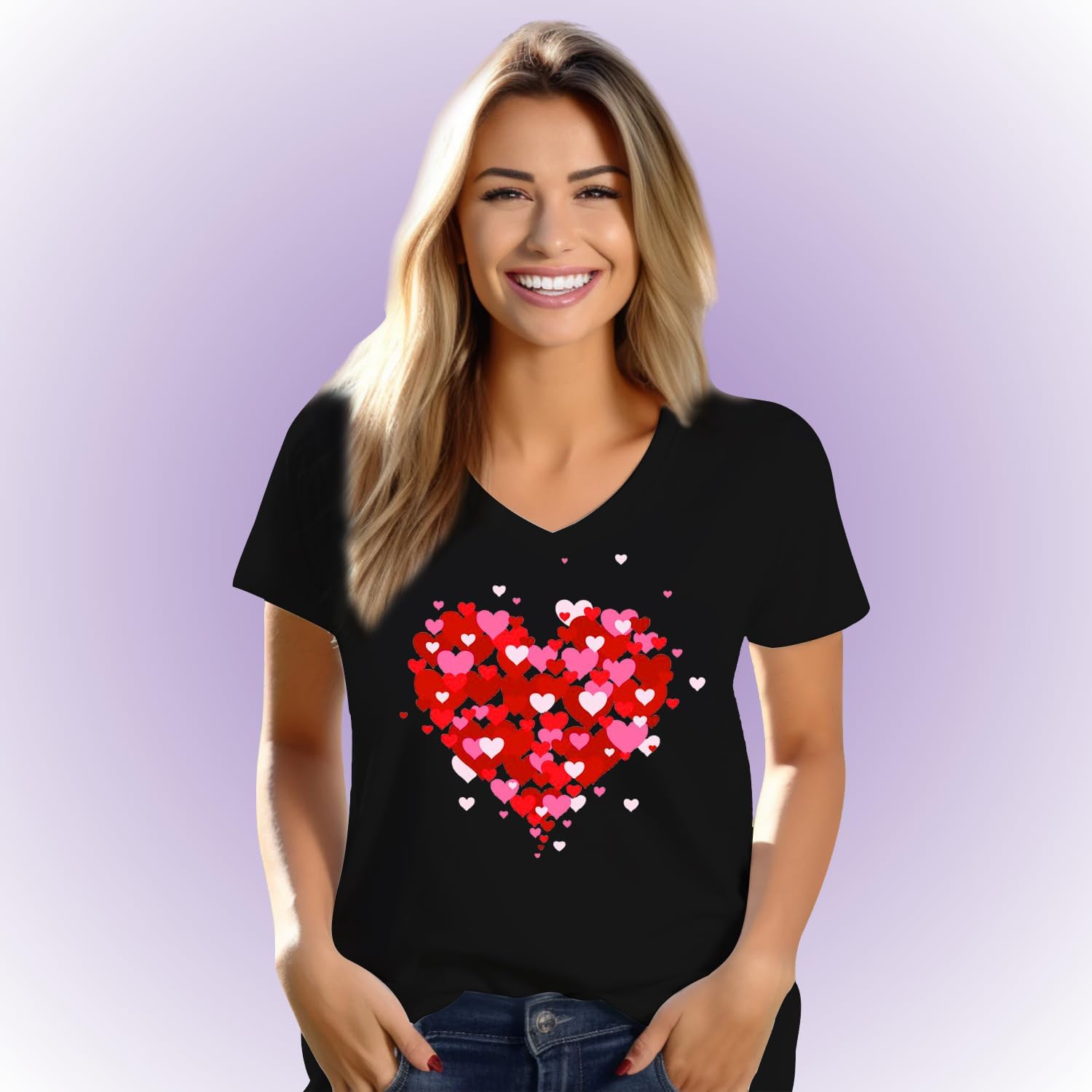 Valentines Day Shirt for Women Love Heart V-Neck T-Shirts Teenager Valentine Tee Tops - Image 2