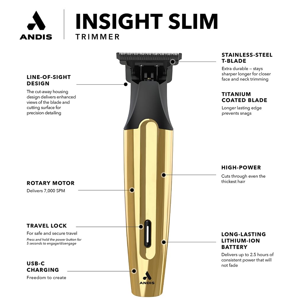Andis Insight Slim Cordless Rotary Motor Trimmer per capelli, Set 9 pezzi, lama T acciaio inox, batteria litio, oro