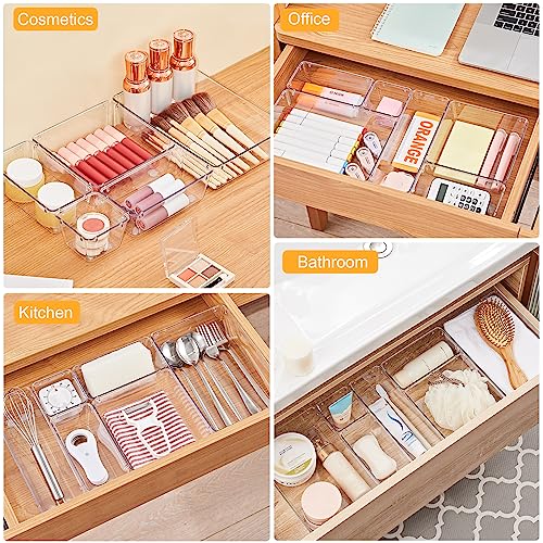 Image of SMARTAKE 22-Piece Drawer Organizer with Non-Slip Silicone Pads, 5-Size Clear Desk Drawer Organizer Trays Storage Tray for Makeup, Jewelries, Utensils in Bedroom Dresser, Office and Kitchen, Clear