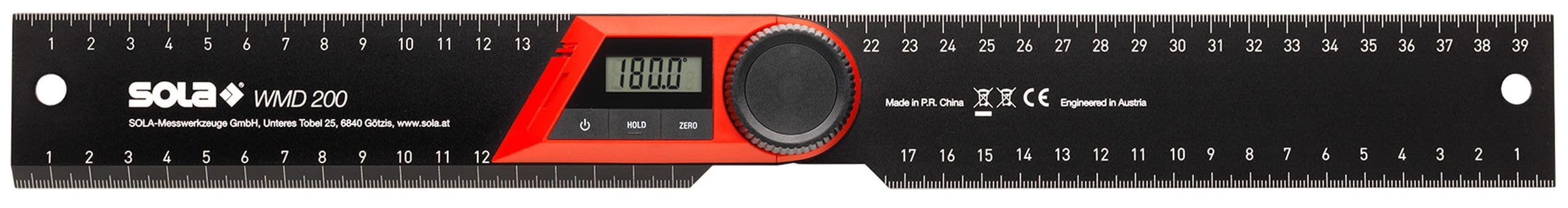 SOLA WMD 200 - Digitaler Winkelmesser - Länge 200 mm - Anschlagwinkel mit LCD Anzeige für exakte Winkelmessungen - Schreinerwinkel digital - Winkelmesser mit Lineal für Metall- und Holzbearbeitung