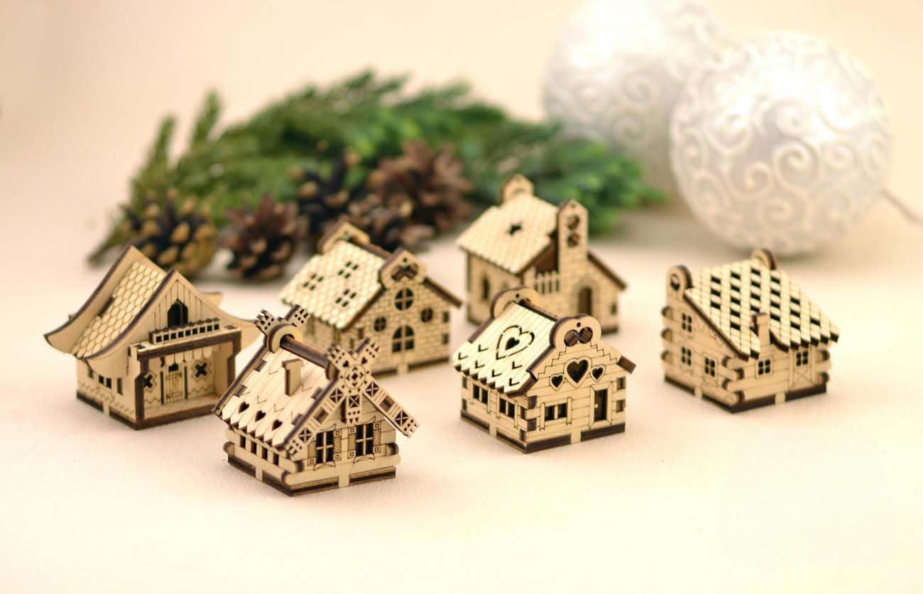 Raystar™ Wooden Miniature Cottage House Models, DIY Assembly Set of 6, Natural Wood, 3 x 3 x 3 CM