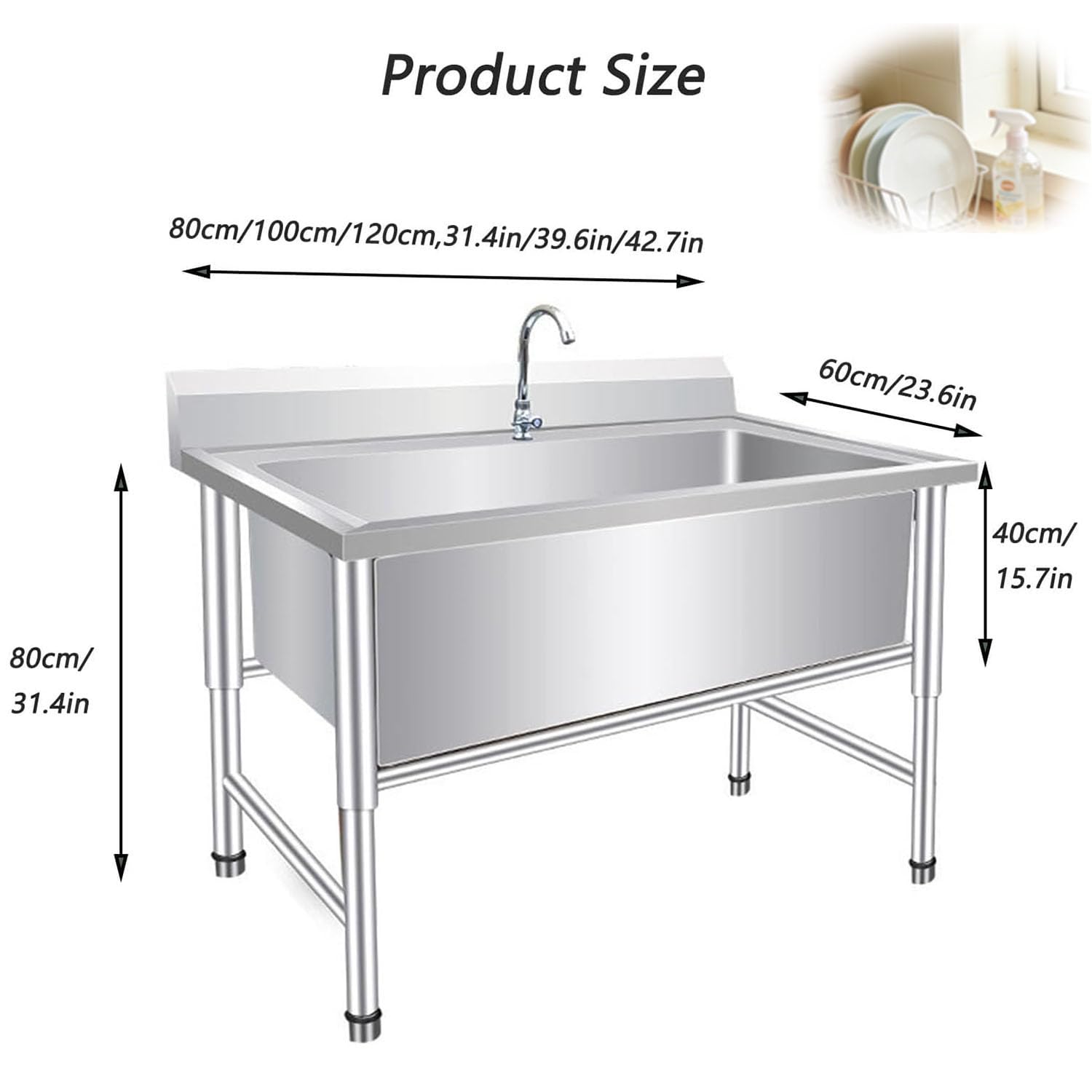 Lavandino Autoportante In Acciaio Inox Con Rubinetto Lavello Del Ristorante Commerciale Da Cucina Lavandino Esterno Di Utilità Industriale Per Garage Lavanderia Esterni (100 * 60 * 80cm)