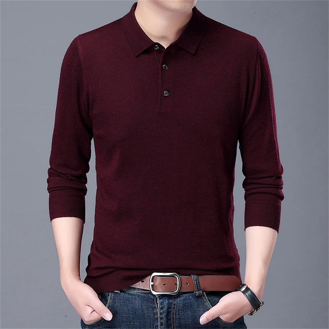 Vogrtcc Lässiges Langarm-Poloshirt für Herren, einfarbig, mit klassischer Knopfleiste