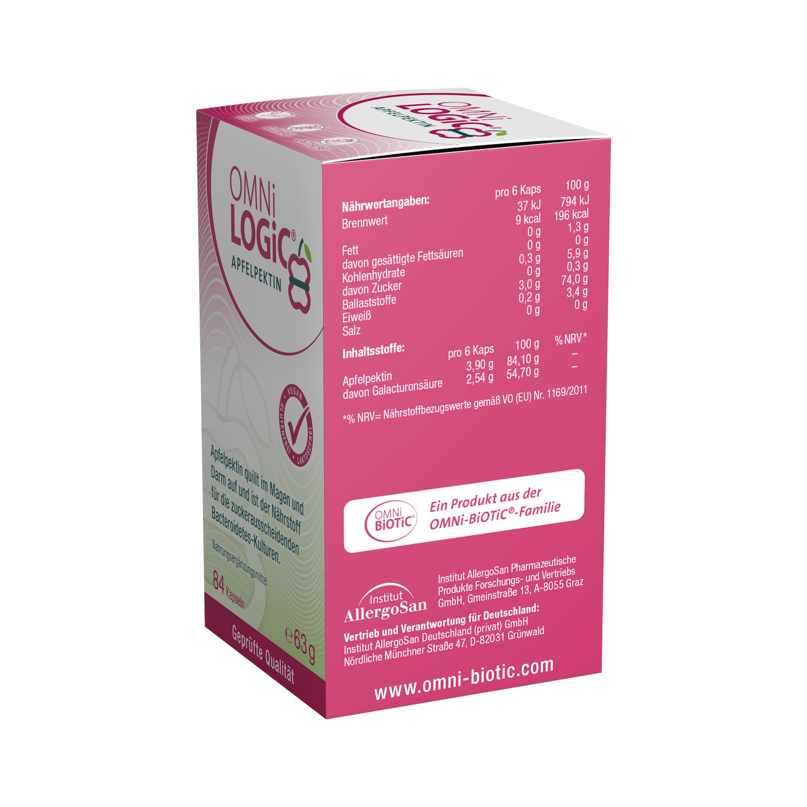 OMNi LOGiC Apfelpektin | Hochwertige Ballaststoff-Kapseln aus Apfel | 3,9 g pro Tagesportion | Ohne Zusatzstoffe | Vegan | 84 Kapseln