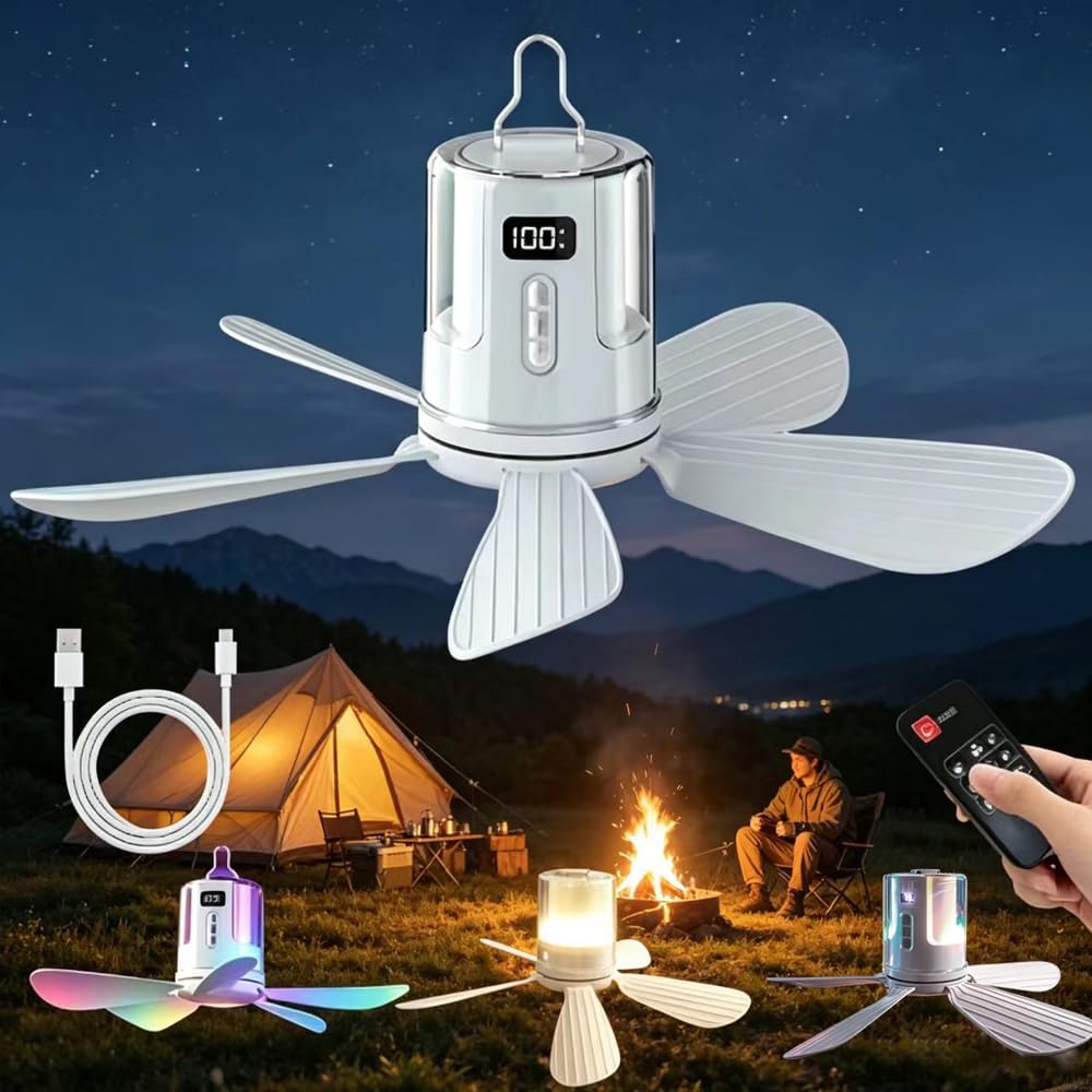 HEYIDAMAI Ventilatore da soffitto con illuminazione da campeggio, piccolo ventilatore da soffitto a batteria con luce e telecomando, USB, timer, 4 livelli, ventilatore da soffitto a LED, ricaricabile