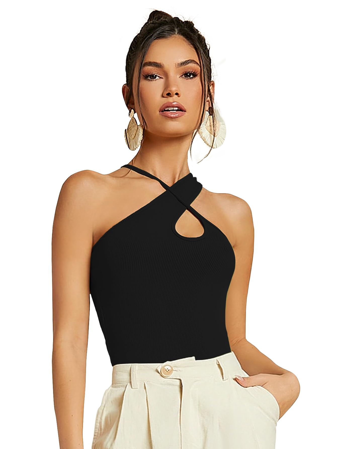 sugathari Women's Skin Criss Cross Front Ribbed Knit Korean Trendy Tank Western Tops for Women Stylish (T-Shirt 183)-picture-39