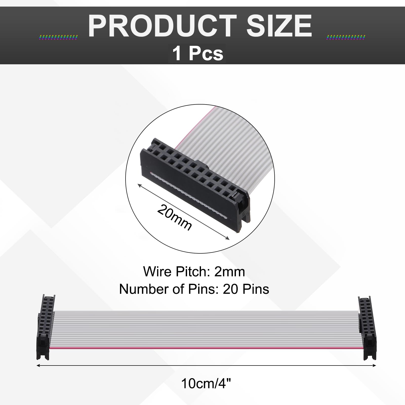sourcing map IDC - Cavo piatto a nastro, 20 pin, passo 2 mm, lunghezza 10 cm, da FC a FC doppio femmina, cavo a nastro piatto per elettronica industriale, grigio