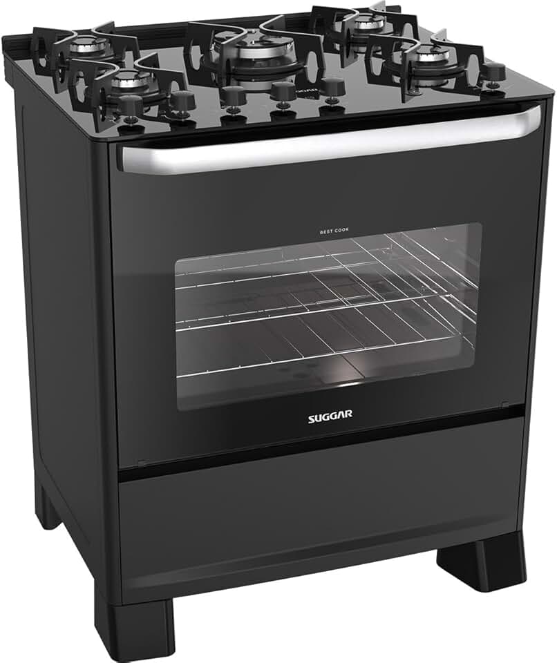 SUGGAR FOGÃO BEST GRILL PRETO 220V MESA DE VIDRO 5 BOCAS GRILL NO FORNO TRIPLA CHAMA TREMPES FERRO FUNDIDO FGV506PT2