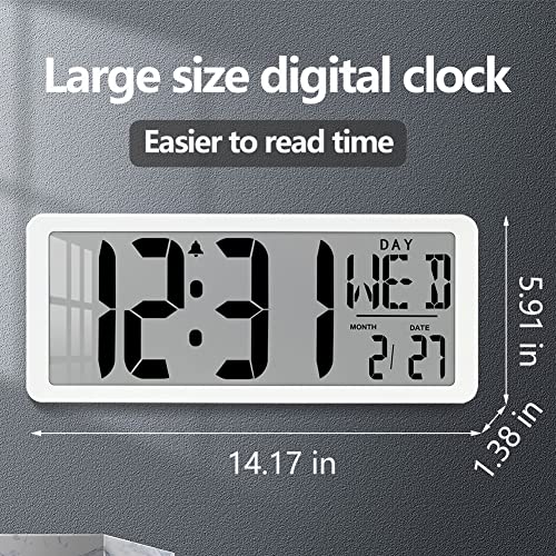 Tetino Large Digital Wall Clock, Lcd Large Display Electronic Alarm Clock,14.17Inch Battery Operated Clock,Time,Day Of Week,Date,Temperature,Forward And Backward Timer,Snooze Function.(Large, White) #TOP2