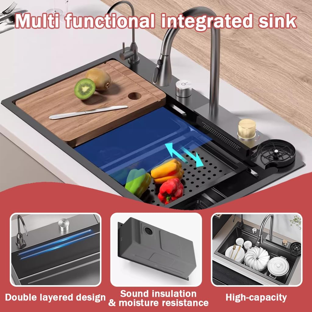 Dark Grey Single Bowl Stainless Steel Waterfall Kitchen Sink with Utility Hot & Cold Pull-Out Faucet,Knob Control Workstation Sink With Cup Washer,Drainage Basket (29.5 * 17.7 * 8.3in)