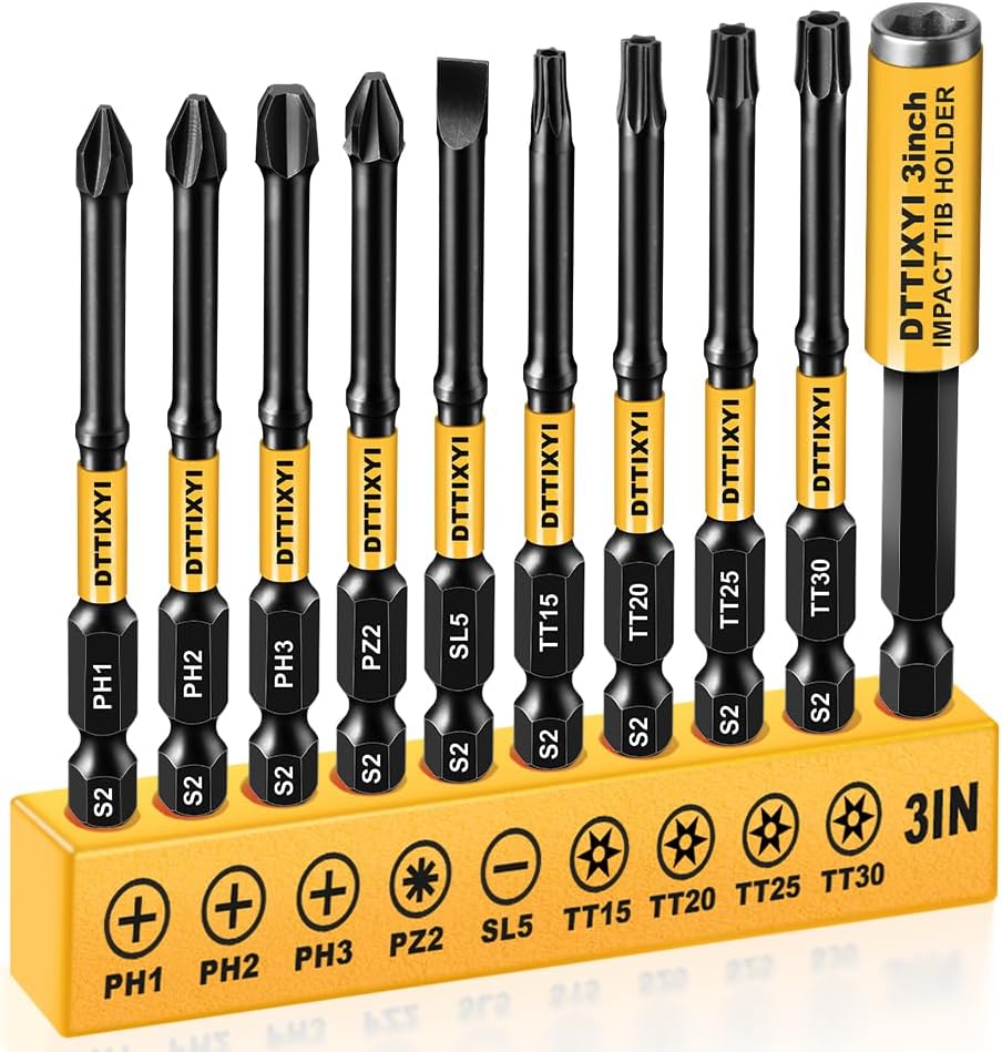 10PCS 3'' Long Magnetic Screwdriver Bits Set: Impact Security Torx Bit T25/T20, Drill Bit Holder & Phillips #1#2#3, Pozidriv SL5, S2 Steel 1/4" Hex Shank for Power Drill & DIY
