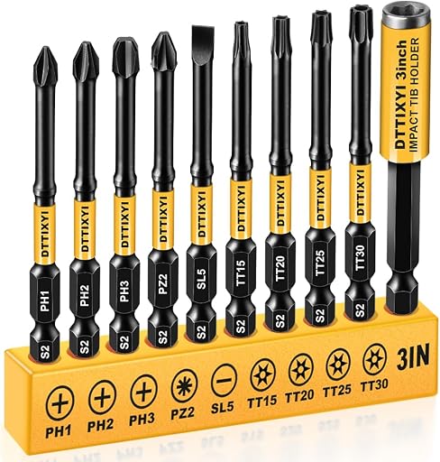 10PCS 3'' Long Magnetic Screwdriver Bits Set: Impact Security Torx Bit T25/T20, Drill Bit Holder & Phillips #1#2#3, Pozidriv SL5, S2 Steel 1/4" Hex Shank for Power Drill & DIY