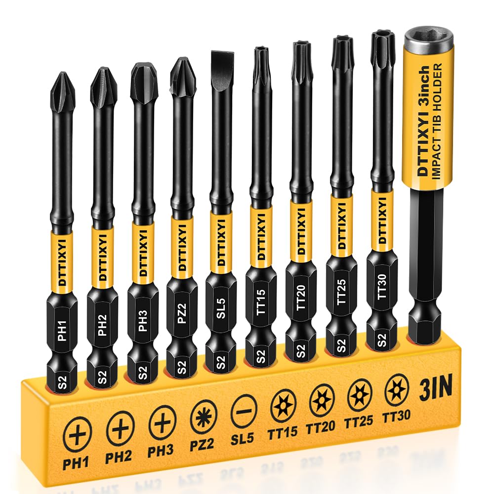 10PCS 3'' Long Magnetic Screwdriver Bits Set: Impact Security Torx Bit T25/T20, Drill Bit Holder & Phillips #1#2#3, Pozidriv SL5, S2 Steel 1/4" Hex Shank for Power Drill & DIY