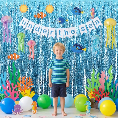 Image of TONIFUL 2Pcs Wavy Light Blue Metallic Tinsel Foil Fringe Curtain Streamer