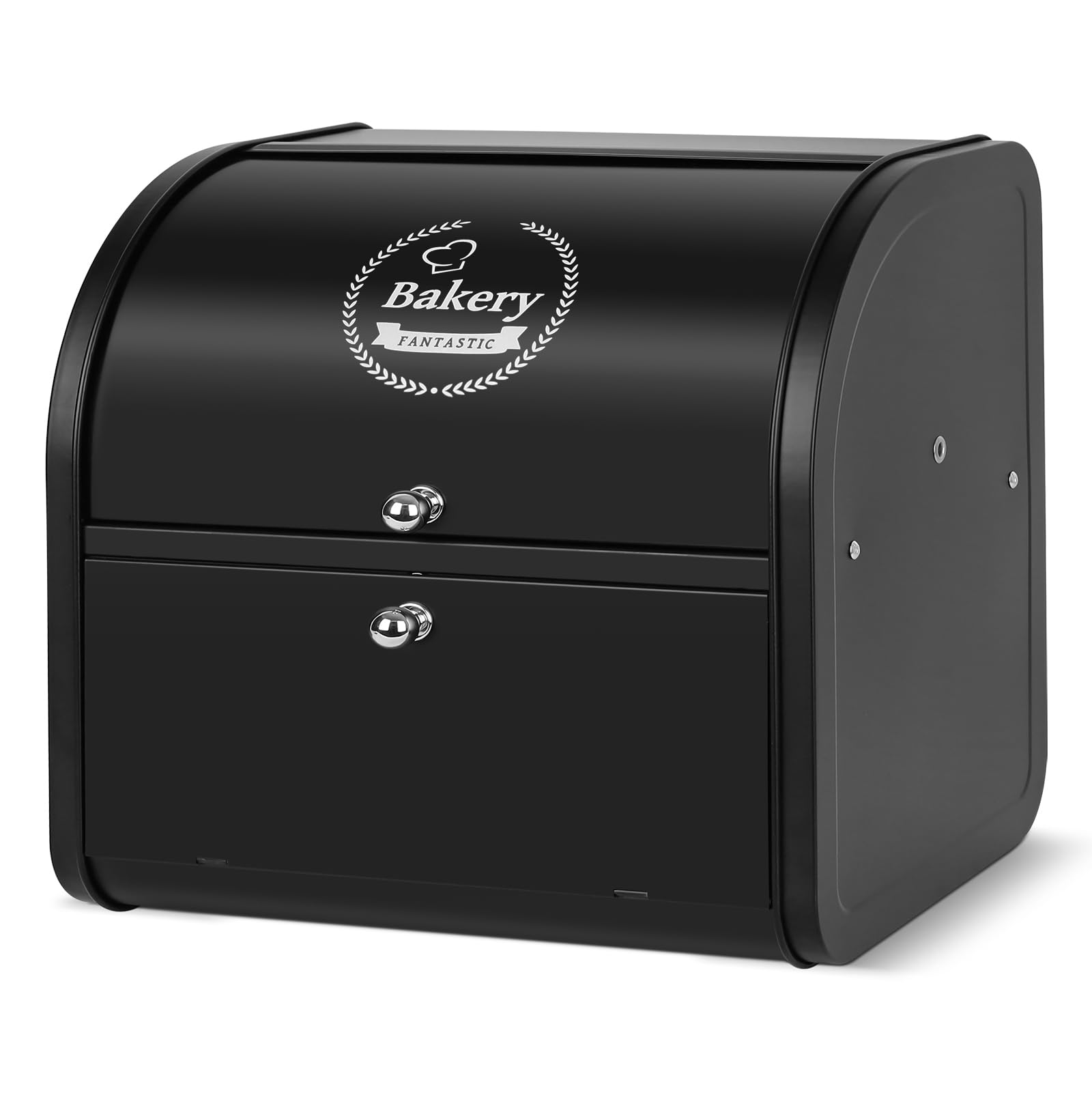 Nymblis Bread Bin, Large Bread Bins for Kitchen, Double Corner Bread Box with Roll Top Lid, 2 Tier Metal Bread Storage Containers, Black (35 x 25 x 33 cm)