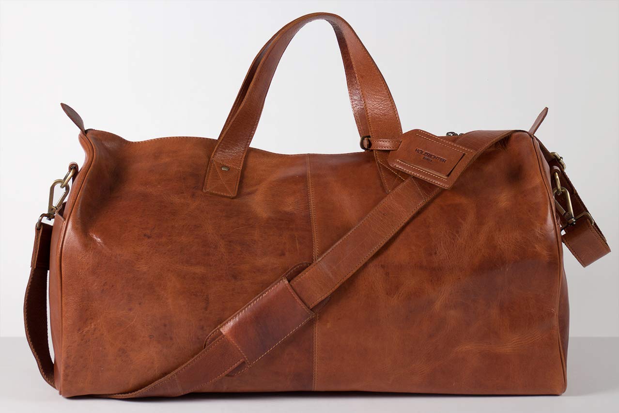 HOLZRICHTER Berlin - Weekender aus Leder für Herren (No 14-1), Reisetsasche 30x58x28 cm, Handgefertigte Echtleder Umhängetasche mit Schultergurt, Cognac-Braun
