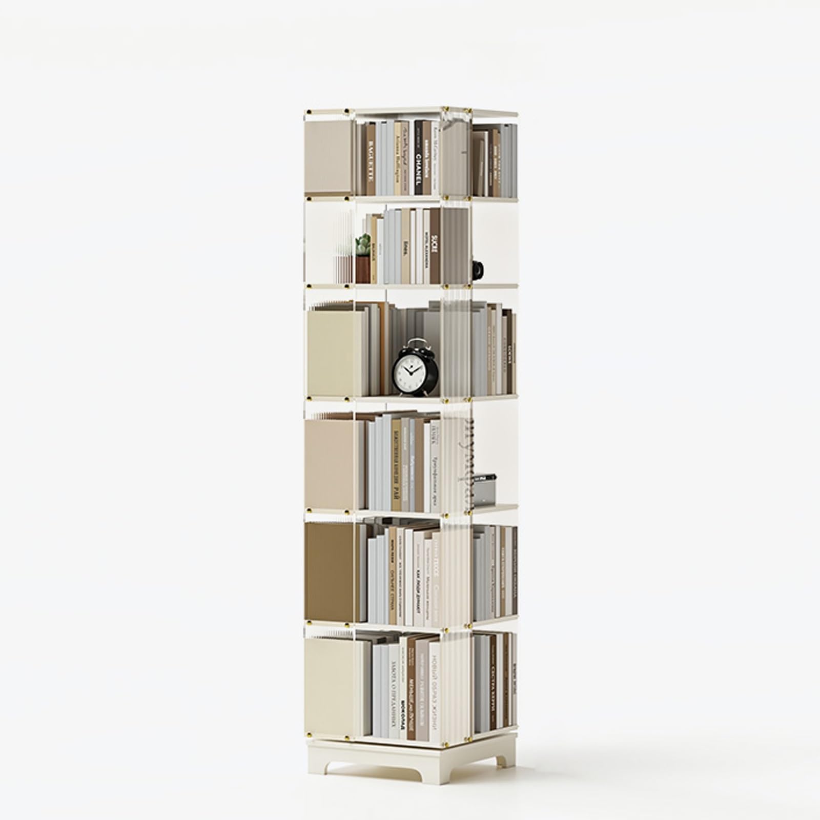 ZFPKXHVMG Open Storage Shelf, 360 Degree Rotating Bookshelf 5-6 Layers Acrylic Solid Wood Floor Standing Organizer(Six layers - white)