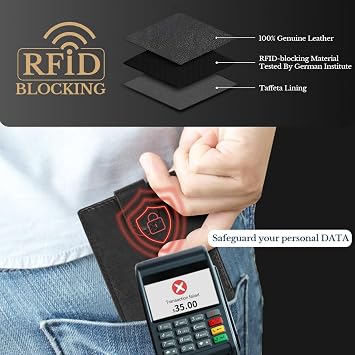 WEDMAY Men's Leather Wallet with Coin Pocket, RFID Blocking and Gift Box | Genuine cowhide leather, Multiple card slots, ID windows, zipped note compartment, separate zipped pocket, slim bifold design