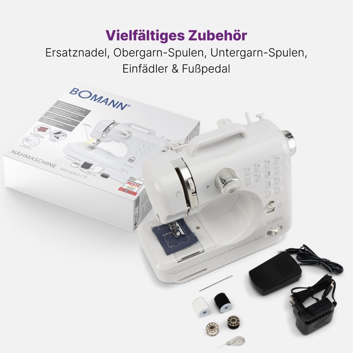Bomann® Nähmaschine für Anfänger mit 12 Stichmustern | Sewing Machine mit Vor- u. Rückwärtsnähfunktion & 2 Geschwindigkeitsstufen | mit Batterie- oder Netzbetrieb & blendfreiem LED-Licht | NM 6063 CB