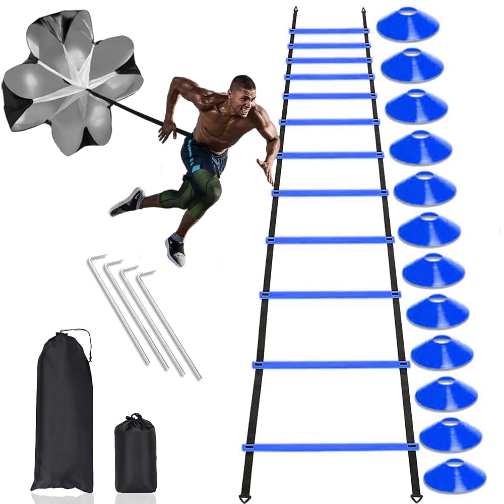Equipo de entrenamiento de fútbol, juego de entrenamiento de agilidad de velocidad, incluye 1 escalera de agilidad, 4 pilas de acero, 12 conos de disco, 1 paraguas de resistencia, para