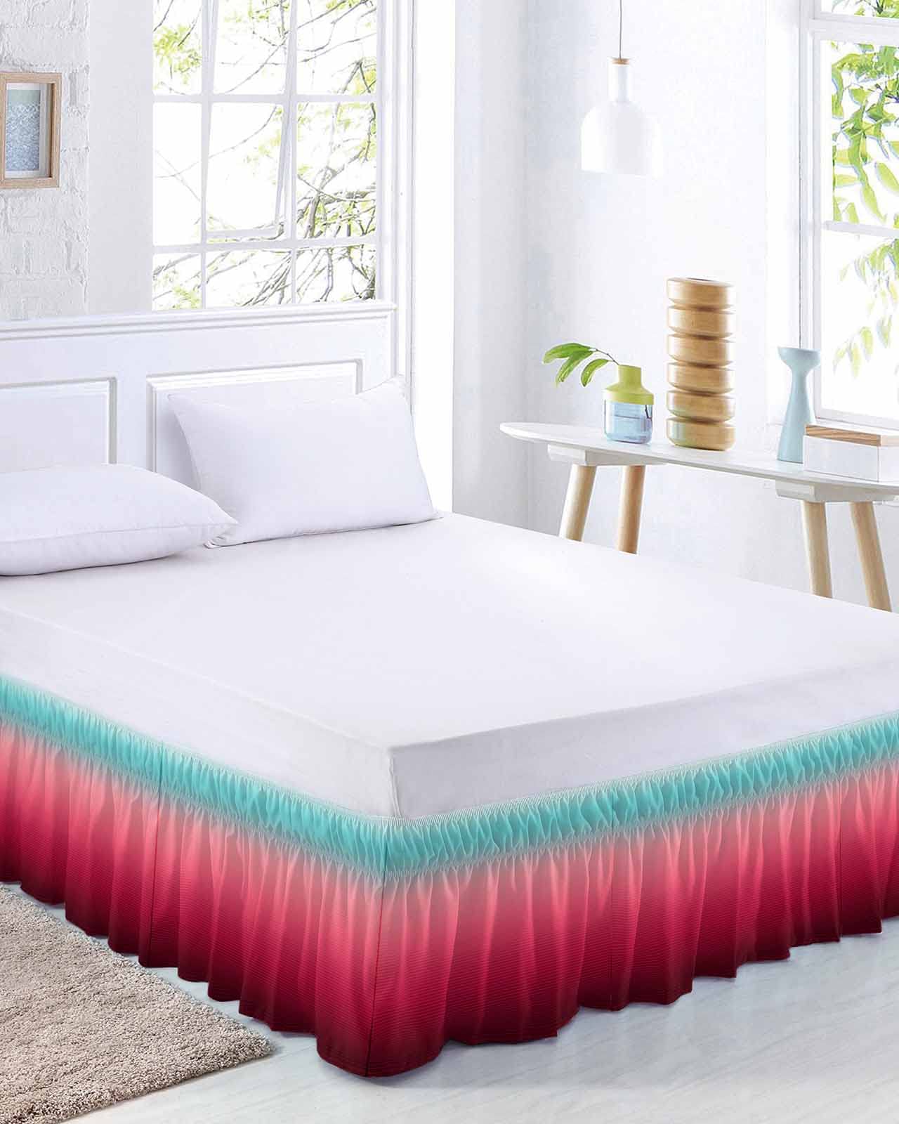 Gradient Teal Bed Skirt Queen Size 18 Inch Drop,Adjustable & Elastic Wrap Around Bed Skirts Pleated Luxury Dust Ruffles for Twin Full Queen Cal King