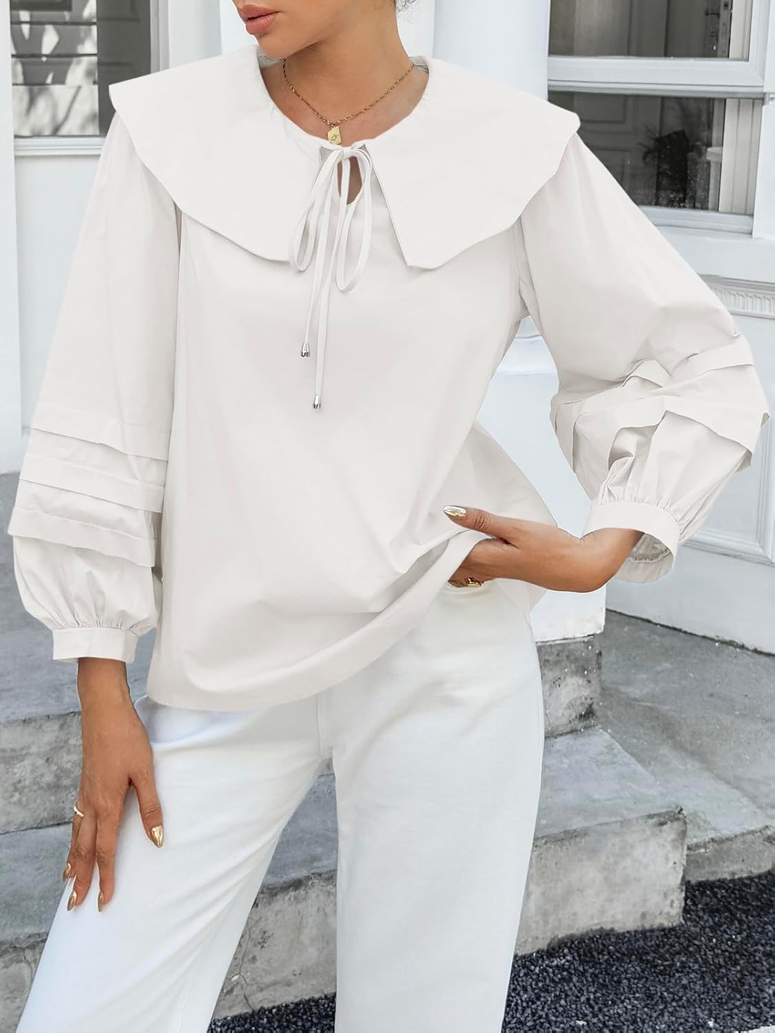 Cicy Bell Womens Peter Pan Collar Shirts Long Puff Sleeve Cotton Blouses Trendy Casual Loose Fit Tops - Image 4