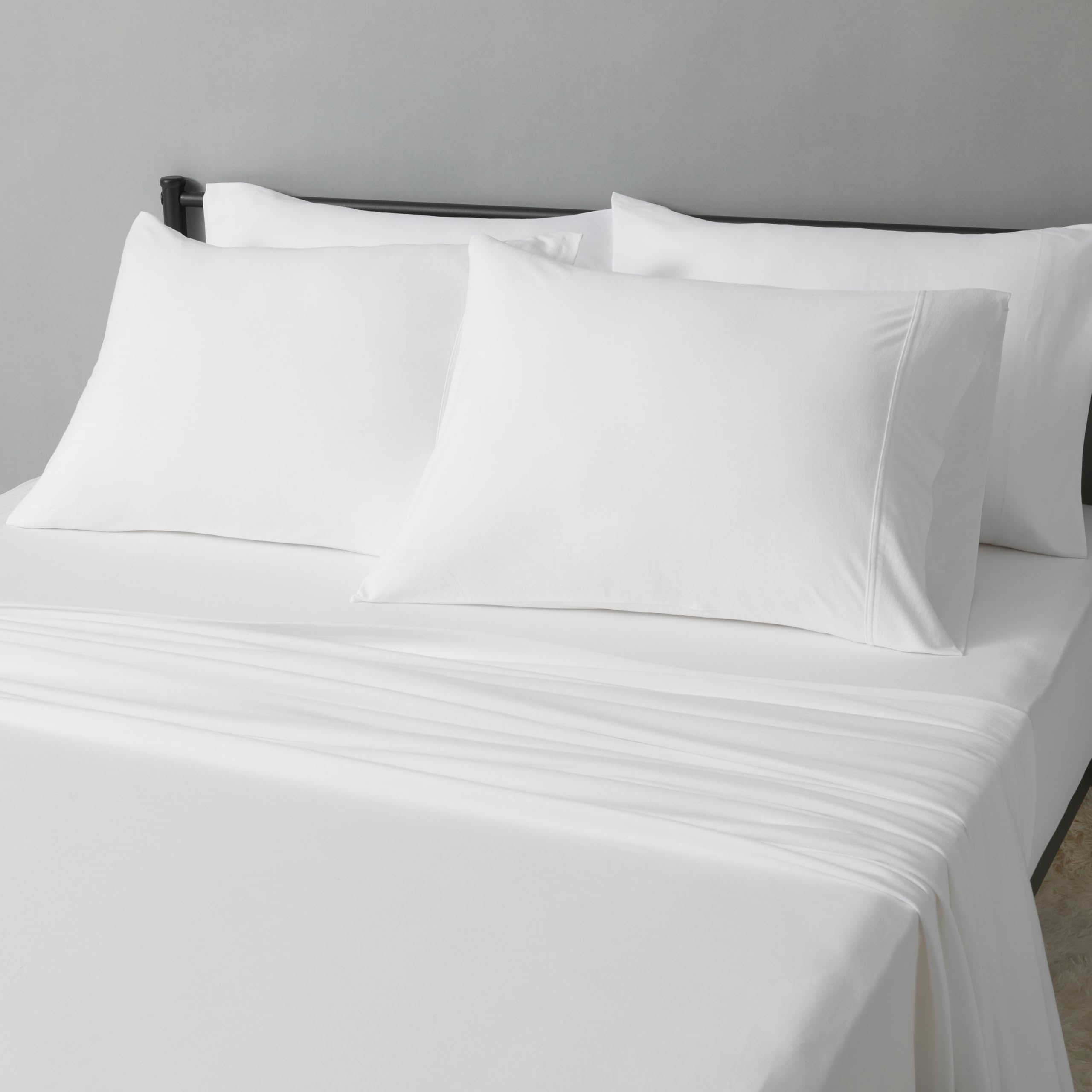 Amazon Basics 100% Cotton Jersey Bed Sheet Set, Breathable, Machine Washable, All-Season, King, White, Solid
