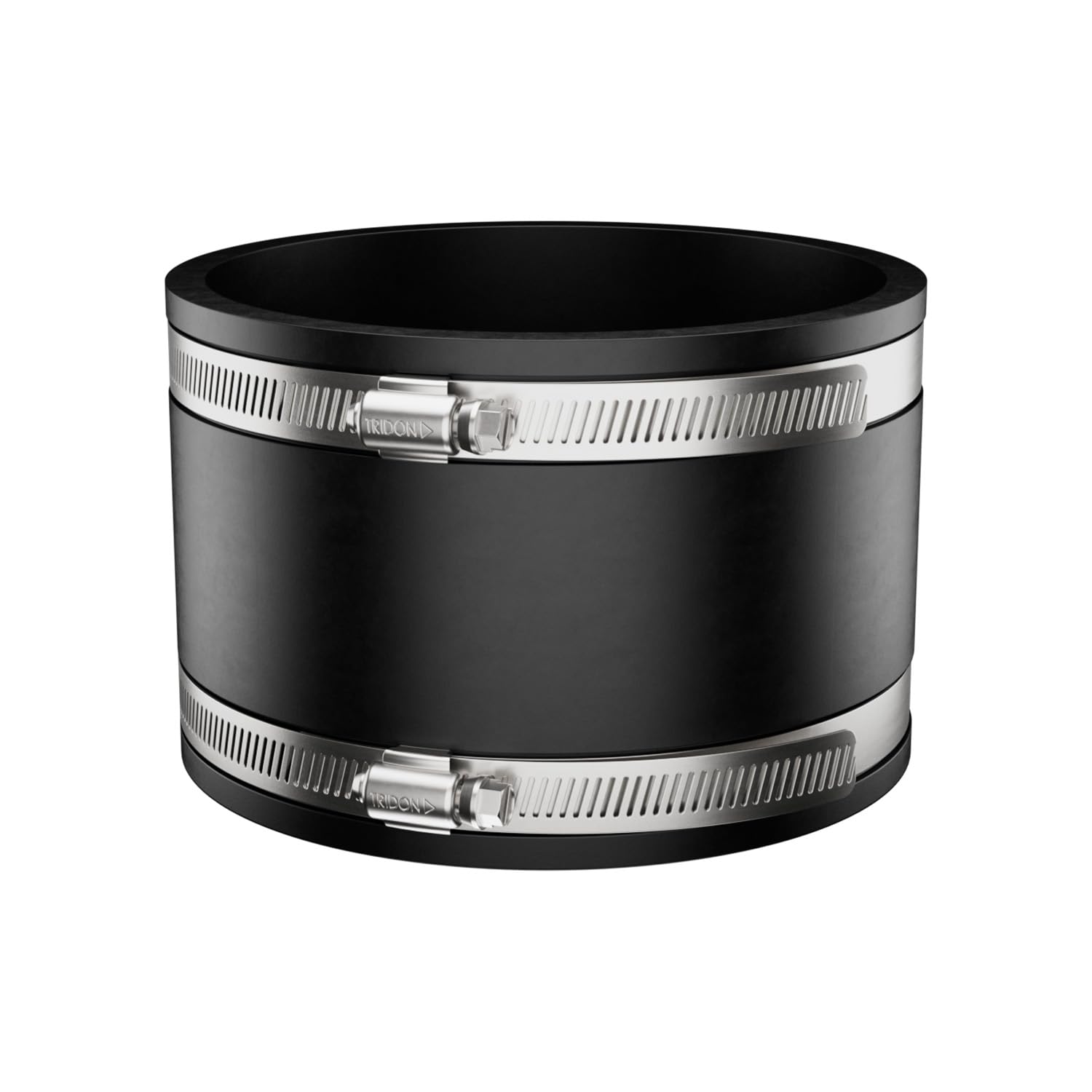 Close-up of Fernco P1001-88 coupling showing stainless steel clamps