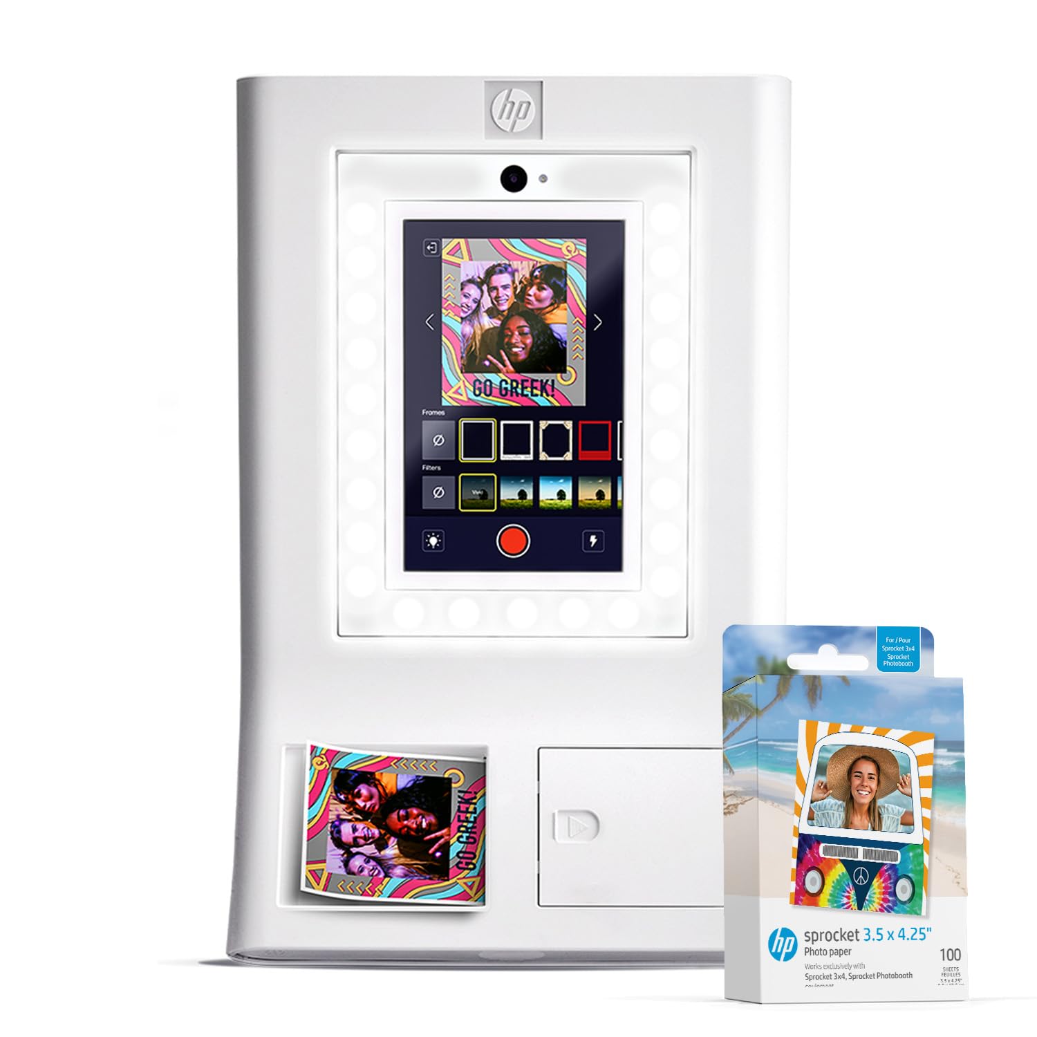HP Sprocket Photo Booth + 110 3x4 Zink Paper Sheets, Digital Instant Color Photo Printer, 10.1" Touchscreen Photobooth, LED Ring Light, Customize w/