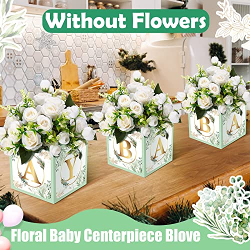 Image of Bucherry 6 Pcs Baby Shower Centerpieces with Letters, 7 inch Baby Blocks Flower Boxes for Table Decorations, Gender Reveal Party Supplies & Photo Props(Green,Sage Green Leaf)