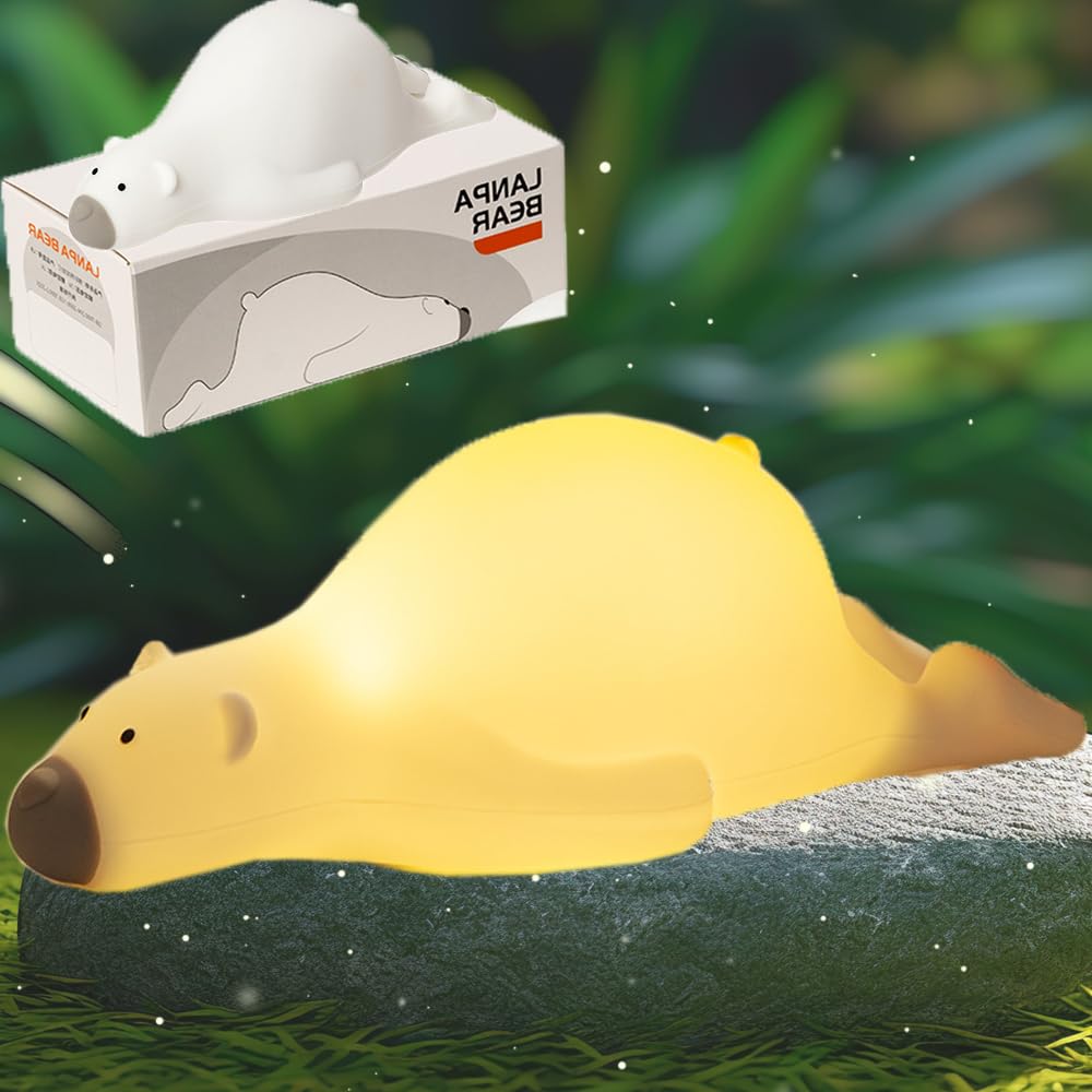 Relogeuhr Night Light, Night Light Kids Cute Lying Flat Bear with 3 Gears Brightness Adjustable and Timer, Rechargeable Touch Lamps Bedside for Room Decor, Breastfeeding, Gift for Kids & Adult