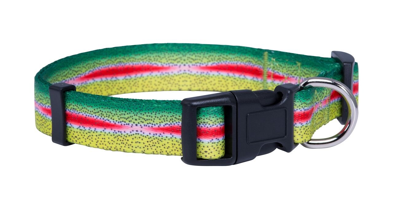 Native Pup Animal Print Dog Collar Rainbow Trout Fish Pattern, Gift for Fisherman, Outdoor Puppy (Large, Rainbow Trout)