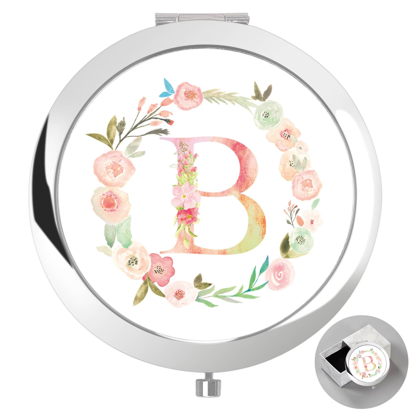 boutikpro Personalized Gift Initial Compact Mirror w Box for Women Sister Daughter Mom Wife, Floral Monogram Alphabet Silver Small Mirror Ideal Gift