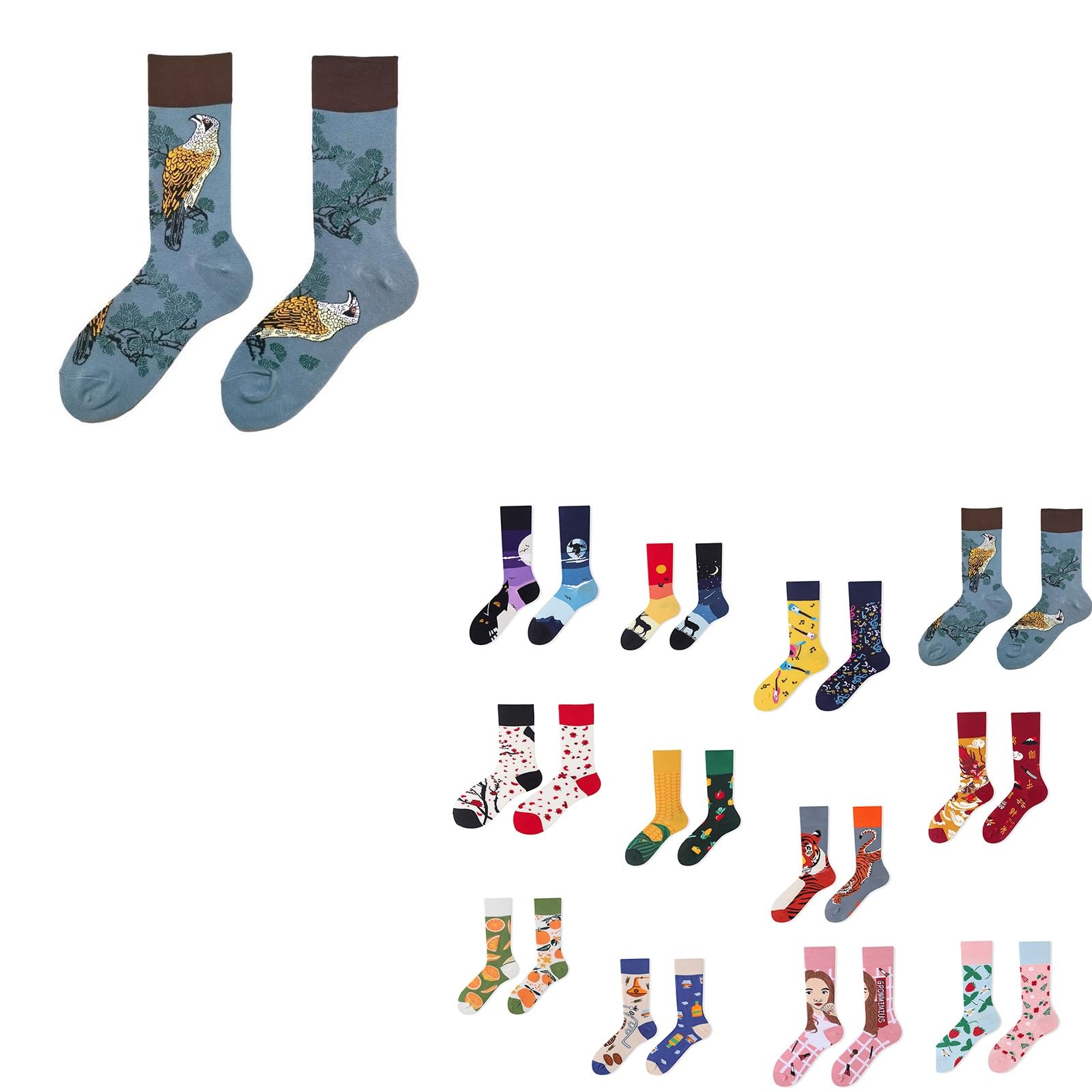 Calcetines novedosos y divertidos de diseño desigual rectos pack de 12 pares de moda casual