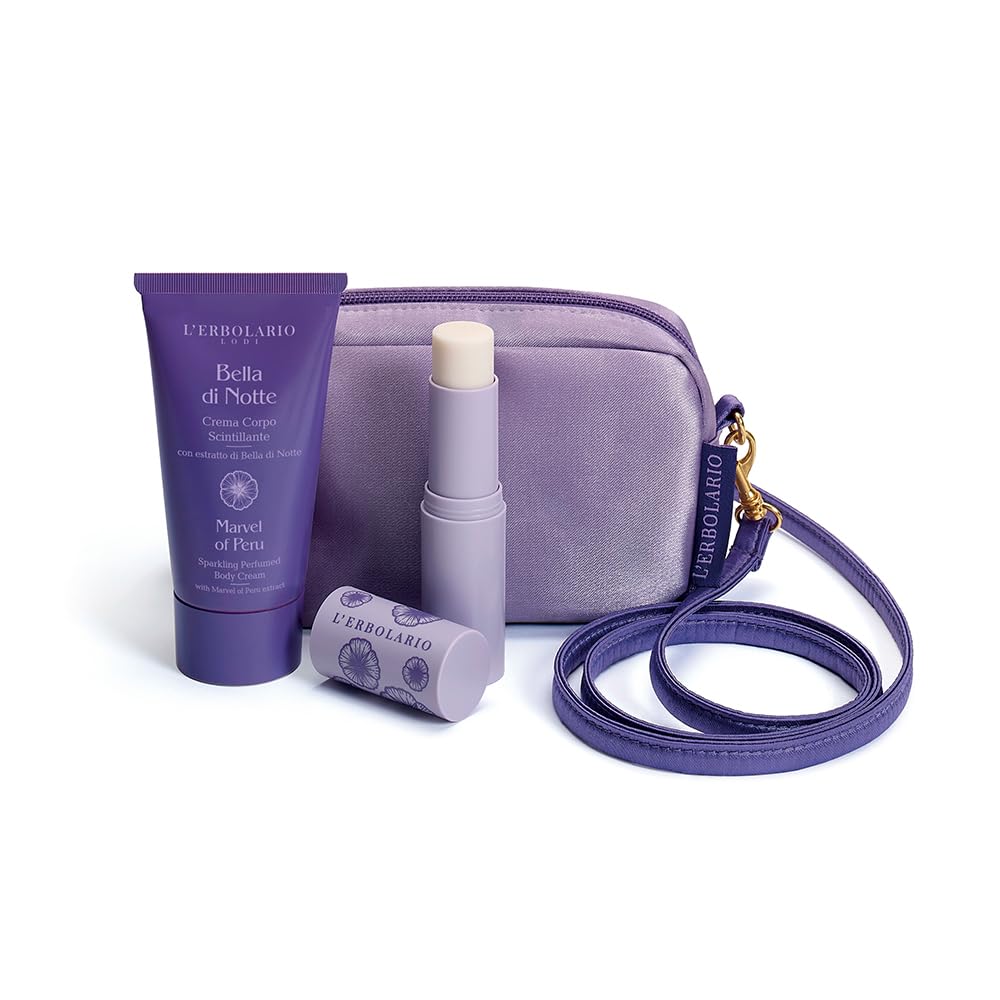 L’Erbolario Bella di Notte Mini Beauty Bag Serata Scintillante – Crema Corpo Scintillante 75 ml + Profumo Solido 9 g + Beauty – EDIZIONE LIMITATA – fragranza dolcemente fiorita e vanigliata