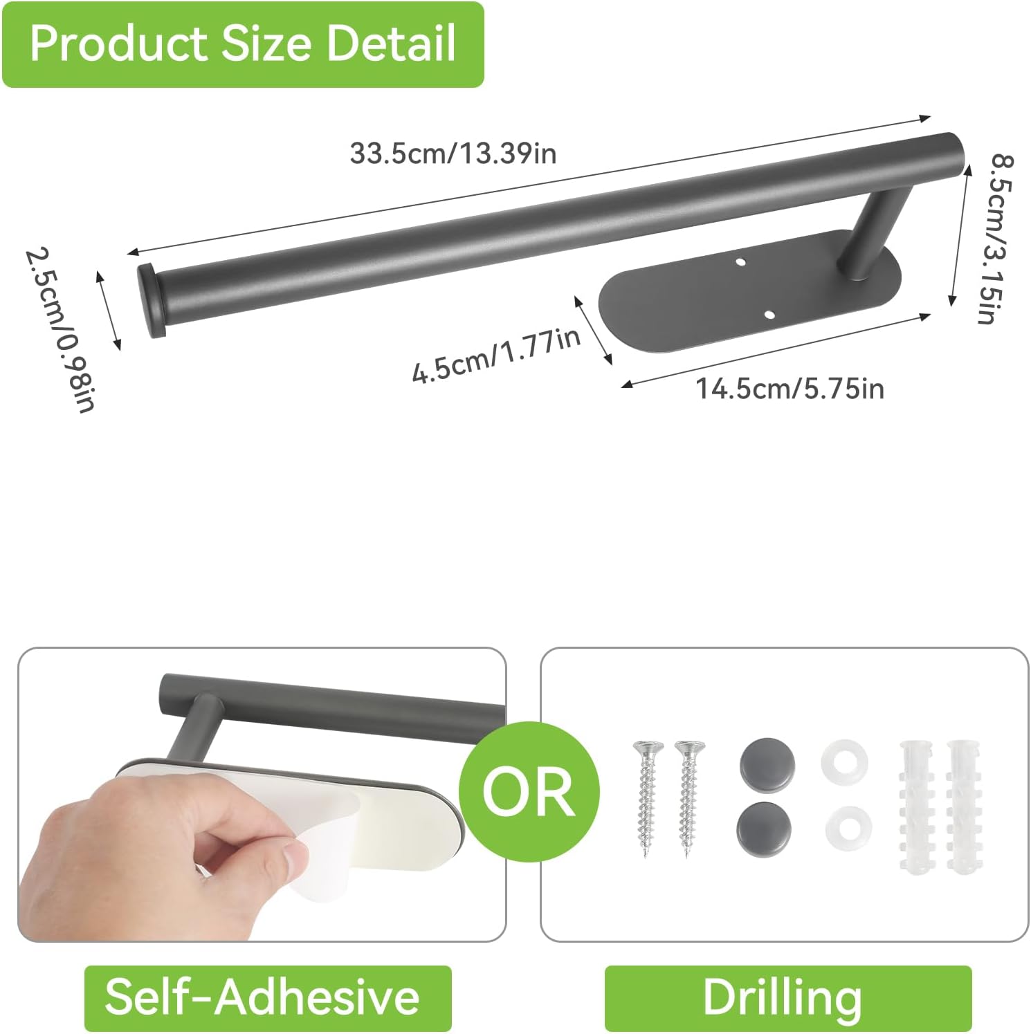 Paper Towel Holder Under Cabinet, Paper Towel Holder Wall Mount for Kitchen Bathroom, Self Adhesive or Drilling, SUS304 Stainless Steel Paper Towel Holders (Grey)