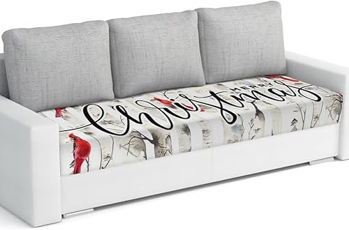 Wowouhiya Merry Christmas Couch Cushion Covers, Stretch Sofa Cover with Elastic Bottom, Watercolor Xmas Tree Birds Sofa Slipcovers Protector