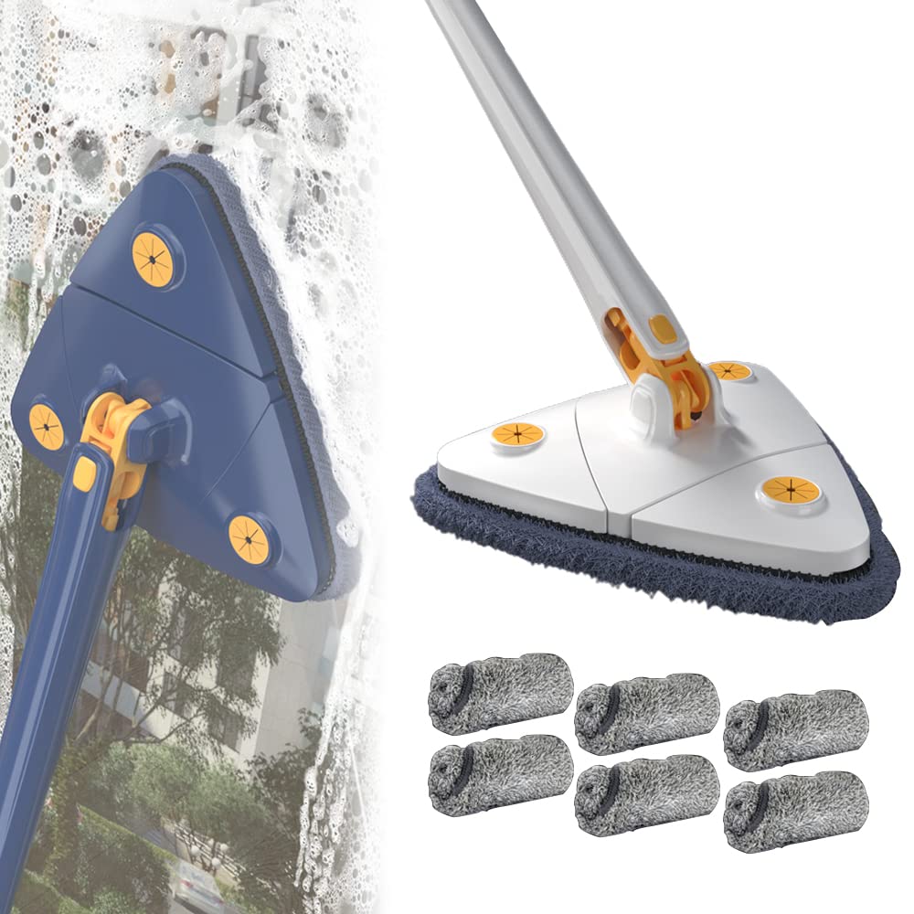 360° Rotatable Adjustable Cleaning Mop, Wall Cleaning Mop Extendable Triangle Mop with Long Handle, Automatic Wringing Microfiber Spin Cleaning Mop (White+6 Mop Pads)