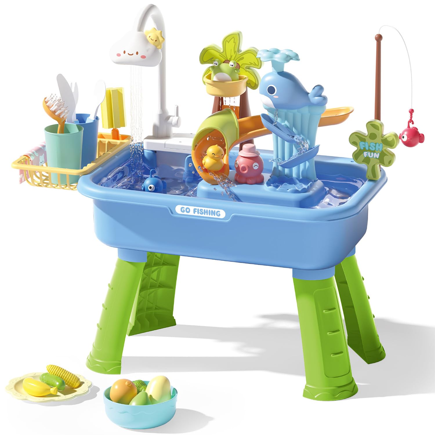 Water Table for Kids, 2026 Upgraded Water Table for Toddlers 3+ with Pump, Play Sink with Running Water, Kitchen Sink for Toddlers, Fishing Game and Summer Outside Sensory Activity Pool Toys (Blue)