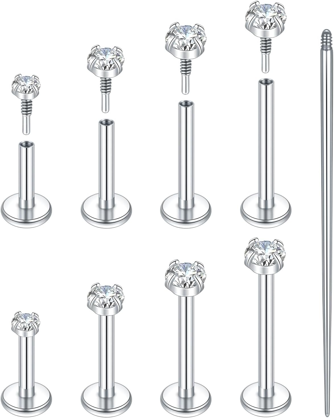 Oveta 4 Pairs Flat Back Studs Earrings Surgical Steel for Tragus Cartilage Piercing Jewelry Internally Threaded Nose Rings Studs 18G 16G, 6/8/10/12mm Bar Length, Silver/Gold