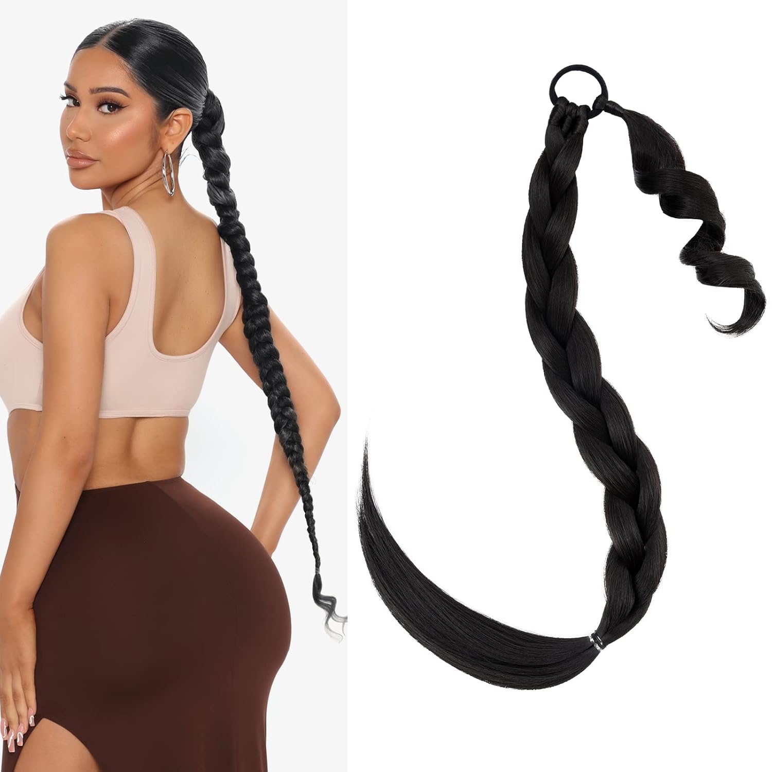 Hairro Long Ponytail Extension DIY Wrap Around Ponytails With Hair Tie Synthetic Natural Yaki Braiding Pony Tails Hairpiece For Daily Wear 34 Inch #4 Medium Brown