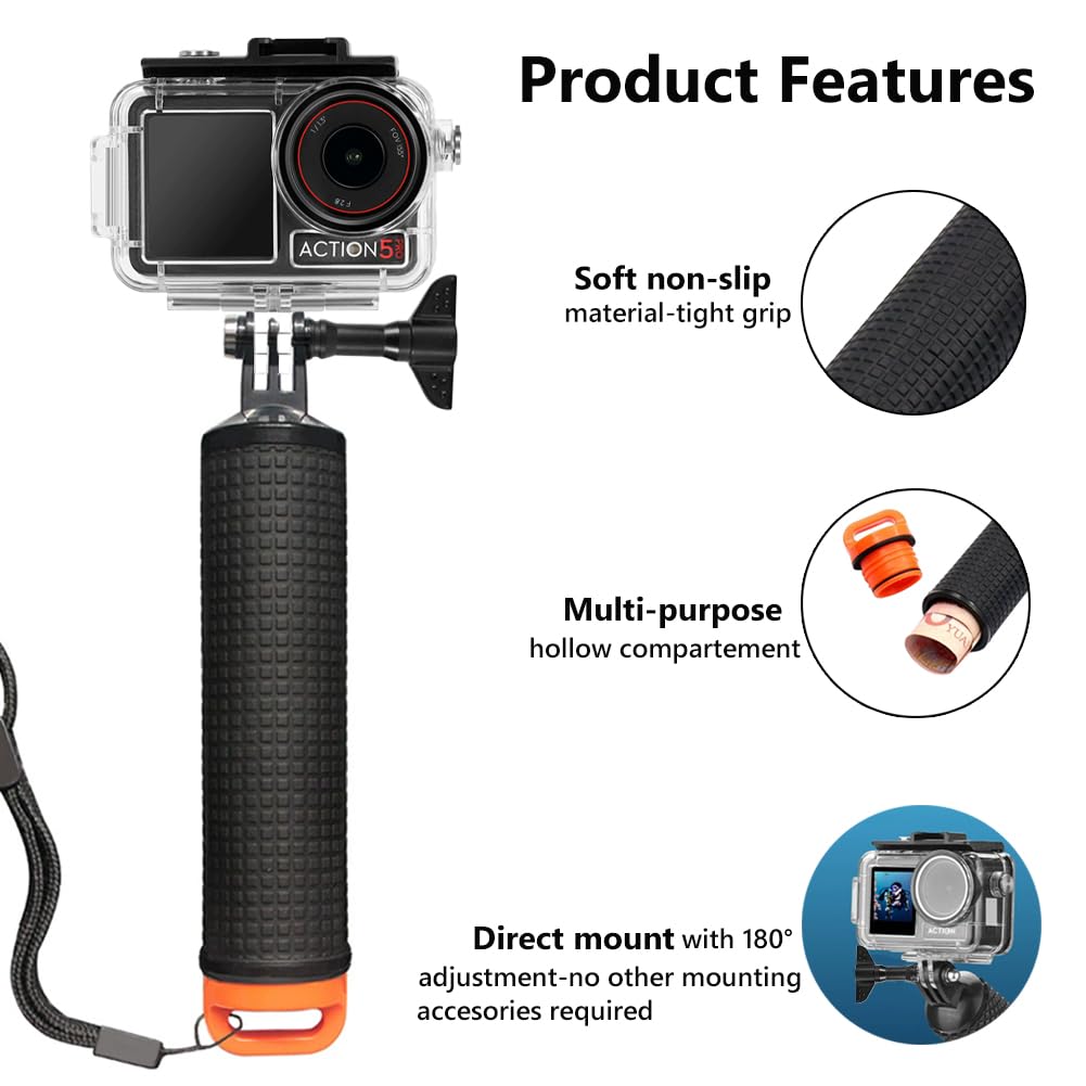 Osmo Action Tauch-Zubehör Set, Wasserdichtes Gehäuse für DJI Osmo Action 5 Pro/Action 4 /Action 3 +Schwimmfähiger Griff + Schnellmontage Klammer + 6 Anti-Fog-Einsätze