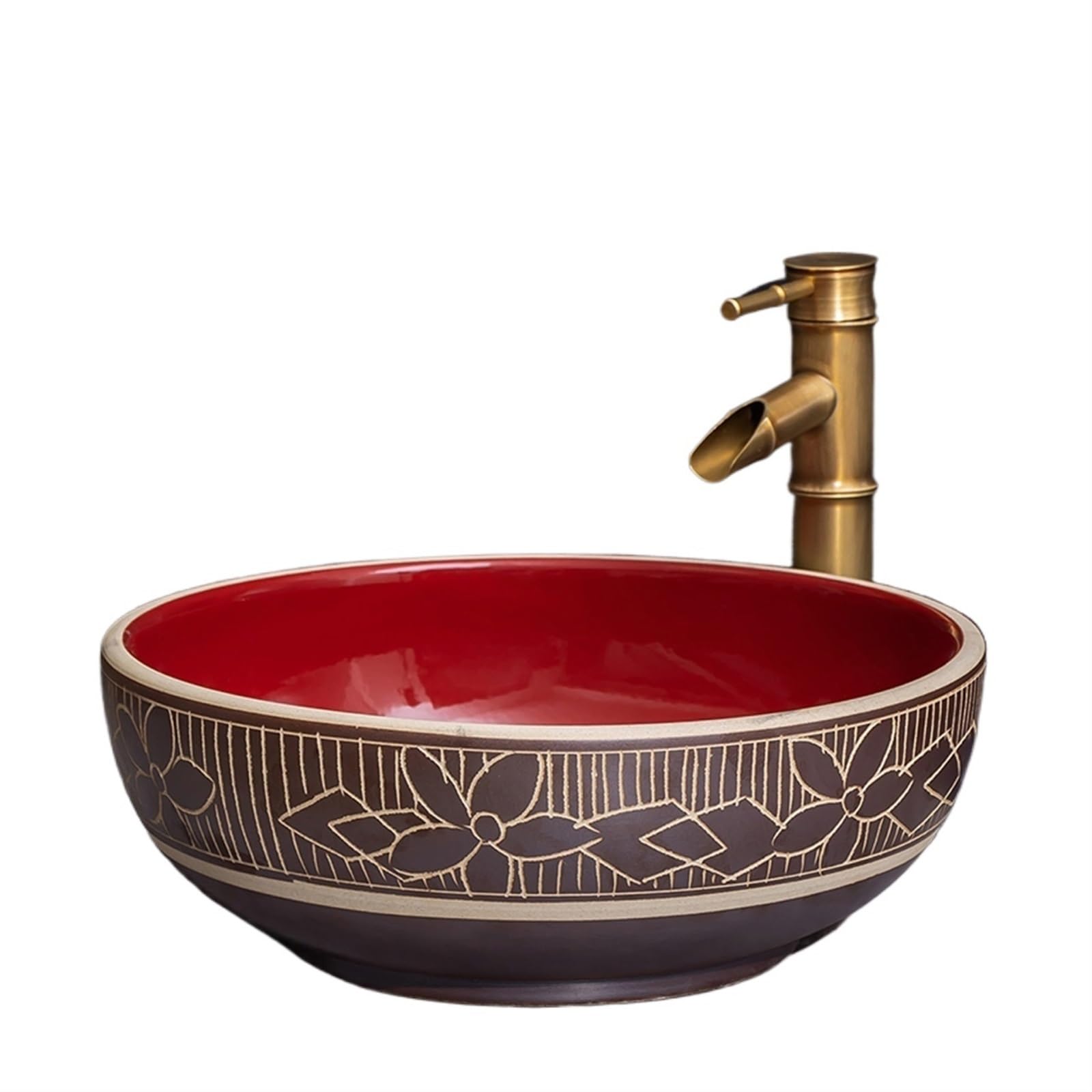 TIANQIHAO Porcelain Vessel Sink Round Above Counter Ceramic Bathroom Sink Bowl With Faucet Elegant Vanity Art Basin